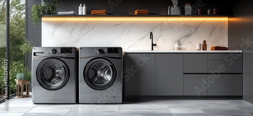 Modern laundry room with stainless steel washer and dryer.