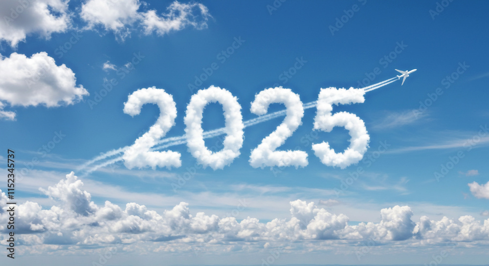 2025 Formed in Clouds with Plane Flying Through, Symbolizing New Year 2025 Formed in Clouds with Plane Flying Through, Symbolizing New Year