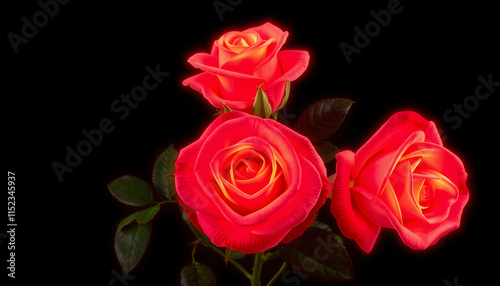 Three vintage roses on a black background, glowing neon, with white tones