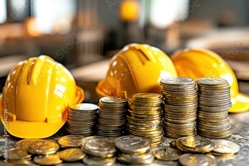 Close-Up Image of Construction Hard Hats and Stacks of Coins Illustrating the Relationship Between Safety and Financial Investment in Building Projects photo