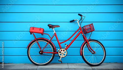 red vintage bicyle parking on blue wooden wall, silhouette, with white tones