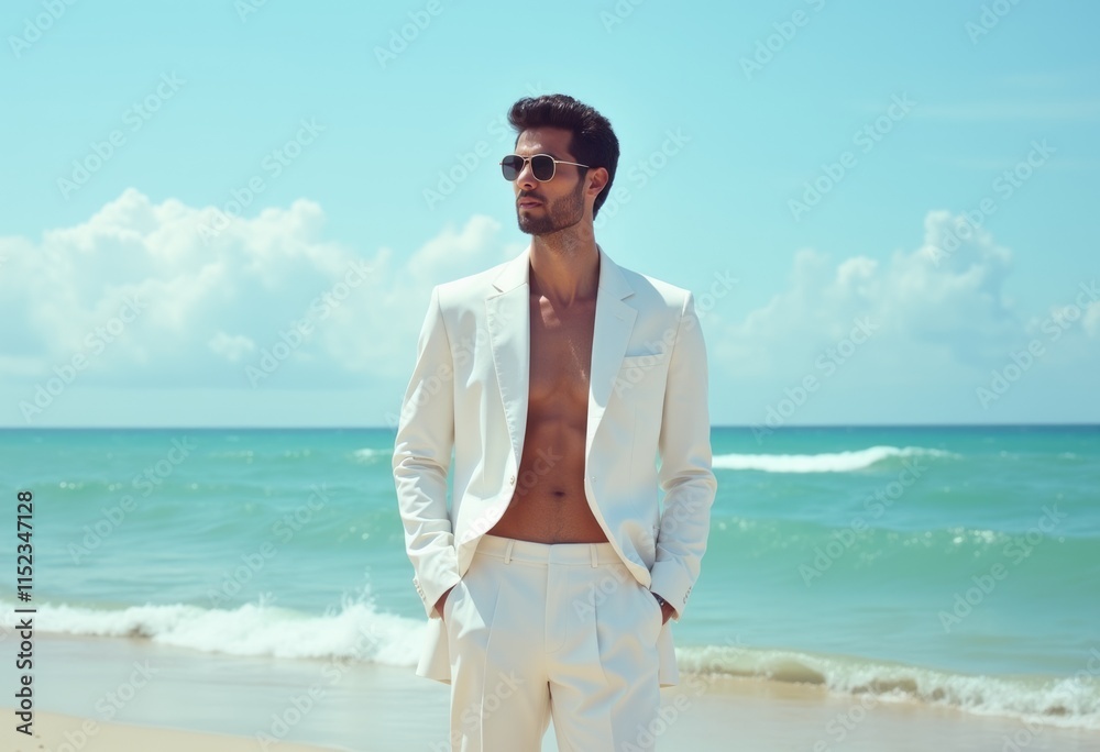 Man in a white suit standing on a beach looking out at the ocean. Man in a white suit standing on a beach looking out at the ocean.