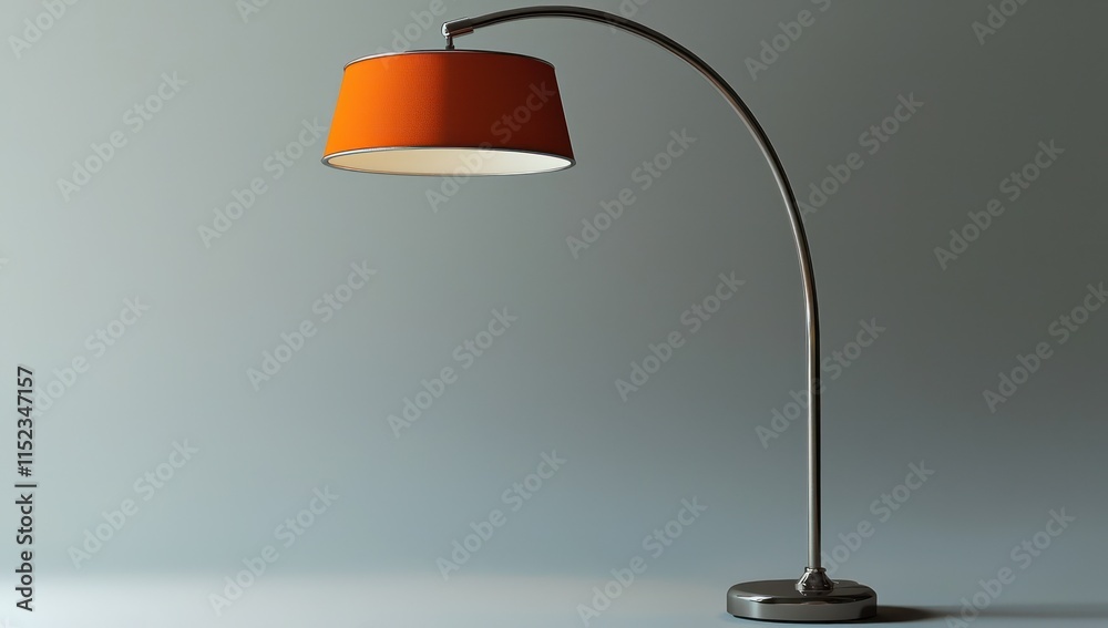 A floor lamp with an arched arm orange shade and a sleek metallic base against a light gray background The