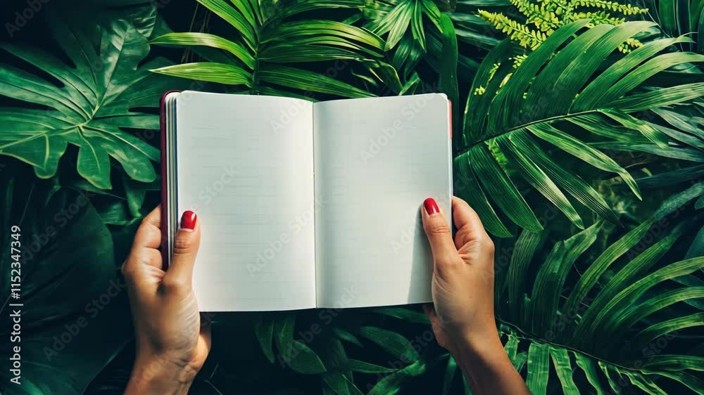 Hands holding an open notebook surrounded by lush green foliage under soft natural light
