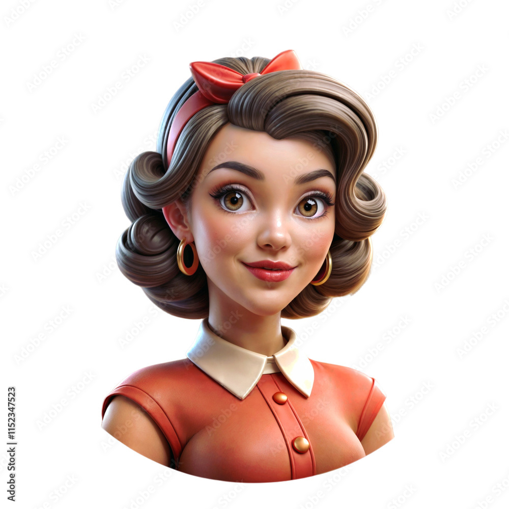 Naklejka premium A character with styled brown hair, red headband, and red dress with white collar. Gold hoop earrings enhance the vintage look against an isolated background.