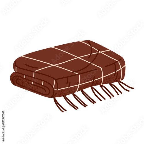 Rolled chekered blanket. Wool blanket plaid with tassels for home interior and picnic. Vector illustration in cartoon style. Isolated white background