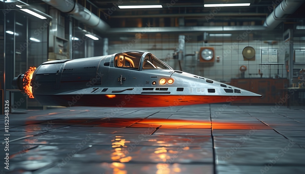 A sleek, futuristic spacecraft is showcased in a modern exhibition hall. A sleek, futuristic spacecraft is showcased in a modern exhibition hall.