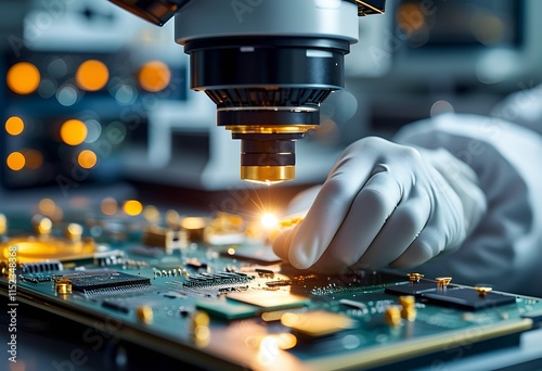 Hands working on a microchip under a microscope in a high-tech laboratory environment photo