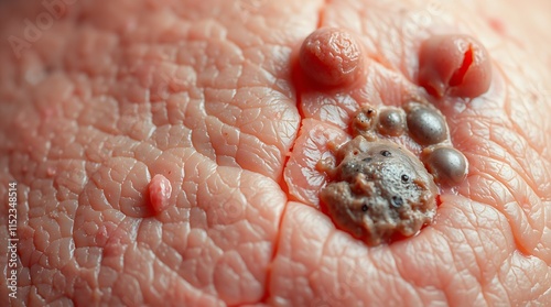 High angle, split zoom macro shot of a skin disease, focusing on the distinct divided sections, textured areas highlighted, elevated portions emphasized from a bird's eye view.