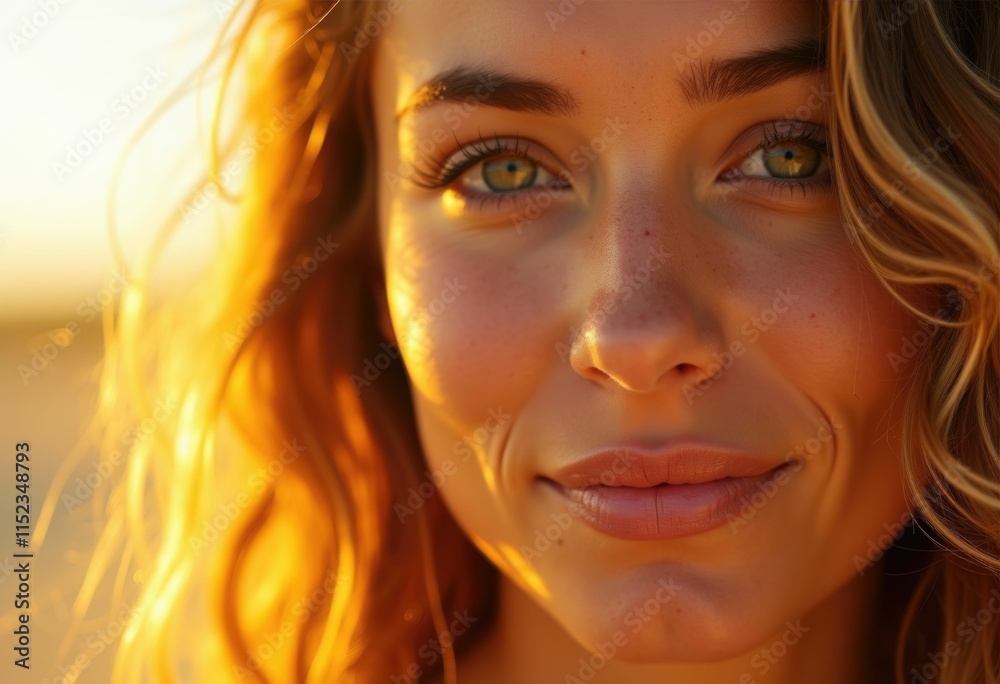 Close up portrait of a woman with blonde hair and green eyes smiling gently in the golden sunlight. Close up portrait of a woman with blonde hair and green eyes smiling gently in the golden sunlight.