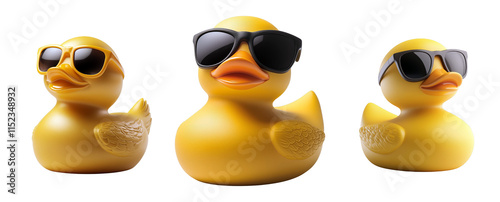 Three yellow rubber ducks wearing sunglasses are isolated on a transparent background.