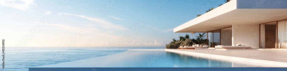 Sleek modern villa with an infinity pool overlooking a serene coastal landscape and open sky Sleek modern villa with an infinity pool overlooking a serene coastal landscape and open sky