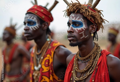 Two young men participate in the Wodaabe Mbororo Guerewol festival, adorned with elaborate body paint and traditional attire, celebrating their rich cultural heritage in Niger. Generative AI photo