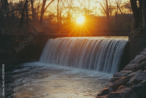 Serene Sunset Over Tranquil Waterfall with Golden Sunlight Reflecting on Calm River Surface Surrounded by Trees and Natural Scenery