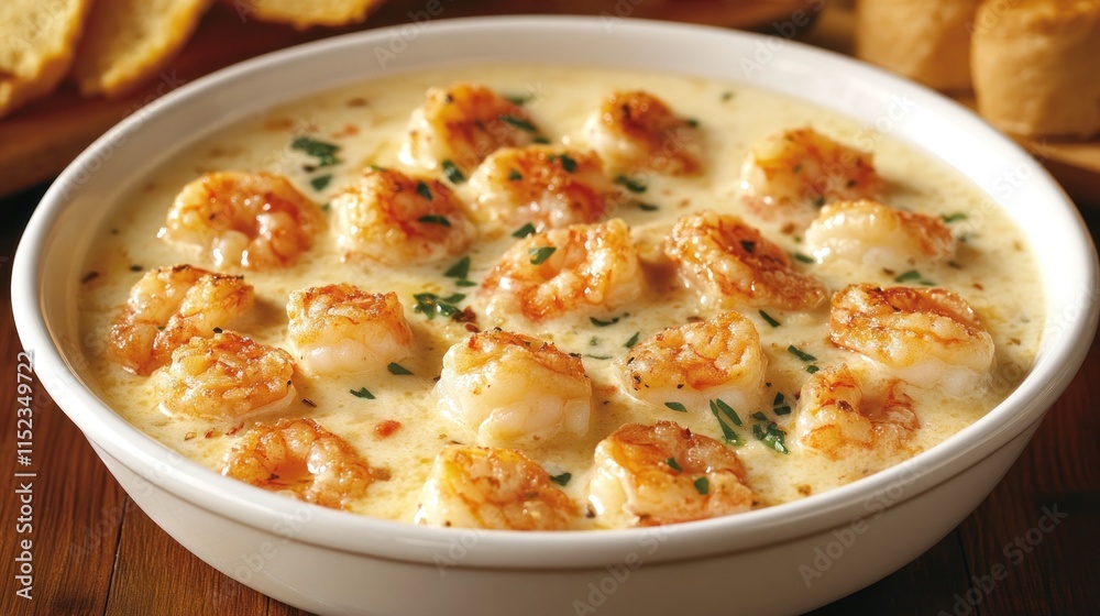 Savory shrimp scampi cooked in creamy garlic sauce served with toasted bread for enjoyment Savory shrimp scampi cooked in creamy garlic sauce served with toasted bread for enjoyment