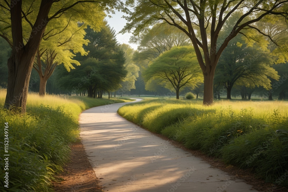 Obraz premium trees and grass line a path in a park with a path leading through it