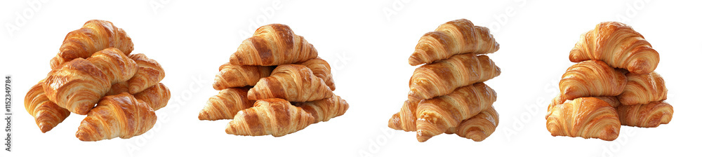 Four stacks of golden-brown croissants are isolated on a transparent background. Four stacks of golden-brown croissants are isolated on a transparent background.
