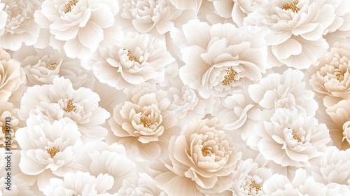 Intricate floral design displays luxurious golden line art with carnations and peonies, perfect for product packaging or invitations SEAMLESS PATTERN