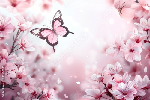 Soft pink background showcases blooming sakura flowers with a butterfly gliding among them