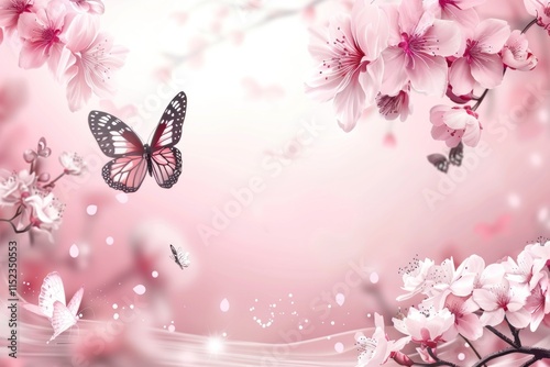 Delicate sakura flowers bloom alongside graceful butterflies in a peaceful spring setting. Banner with copyspace.