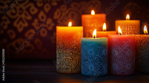 Serene scene with Mishumaa Saba candles, perfect for Kwanzaa celebrations, meditation spaces, or cozy gatherings. The rich textures and warm glow create a tranquil ambiance. photo