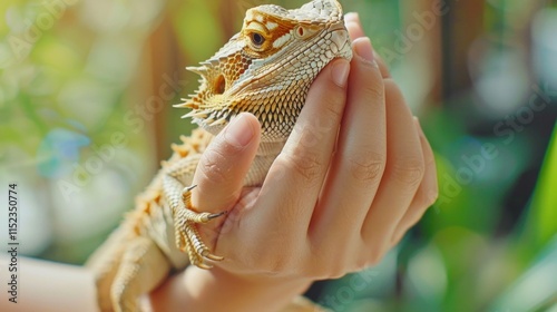 A person gently cleans a bearded dragon lizard\'s scales in a peaceful setting photo