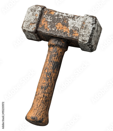 A heavy, weathered hammer or sledgehammer with a wooden handle is isolated on a transparent background. photo