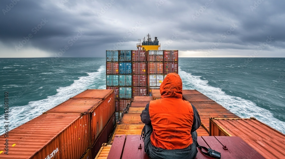 © evgenia_lo - A captain skillfully steers a cargo ship across rough seas, focused on the advanced equipment