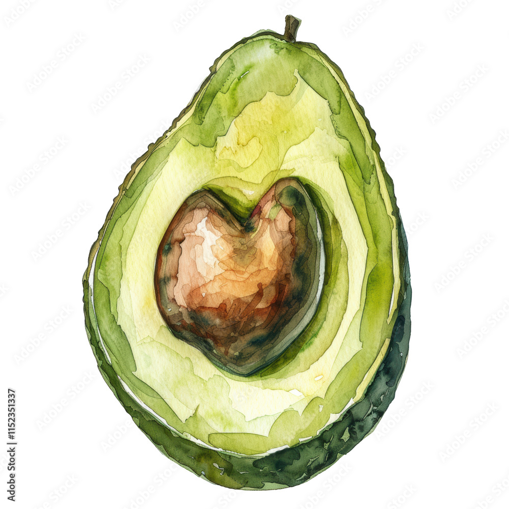Obraz premium Detailed watercolor illustration of a ripe avocado cut in half isolated on white