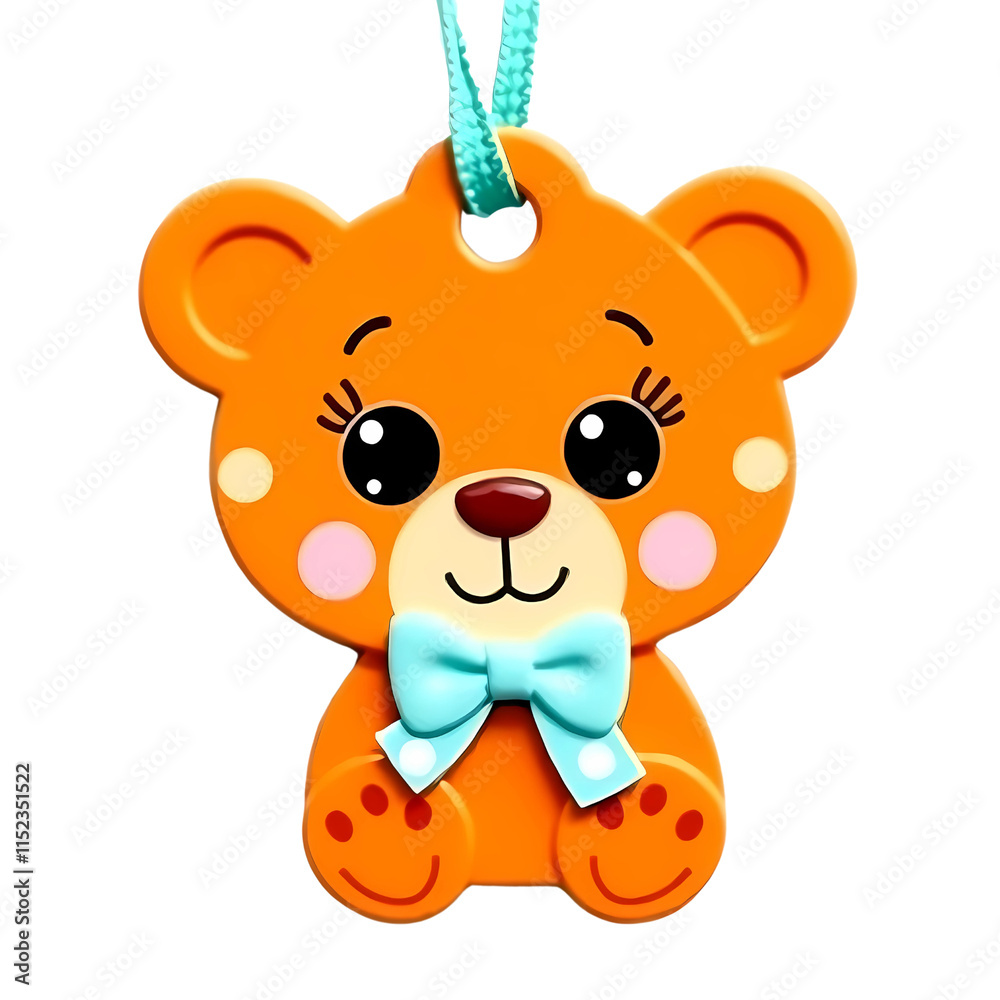 Fototapeta premium Cute orange bear pendant featuring a blue bow for children’s accessories and playful designs, ideal for backpacks or keychains