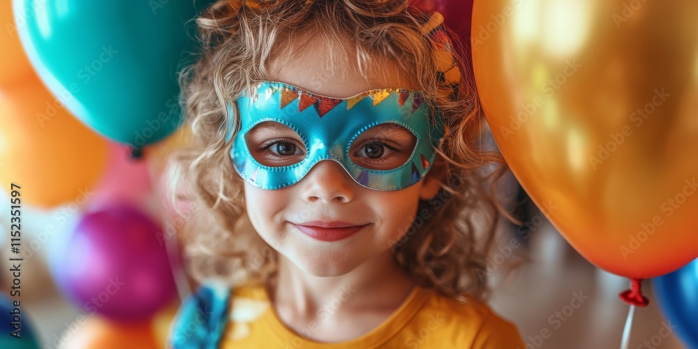 A joyful child smiles brightly while wearing a colorful mask. Surrounded by vibrant balloons, the scene captures the excitement of a festive celebration. A joyful child smiles brightly while wearing a colorful mask. Surrounded by vibrant balloons, the scene captures the excitement of a festive celebration.