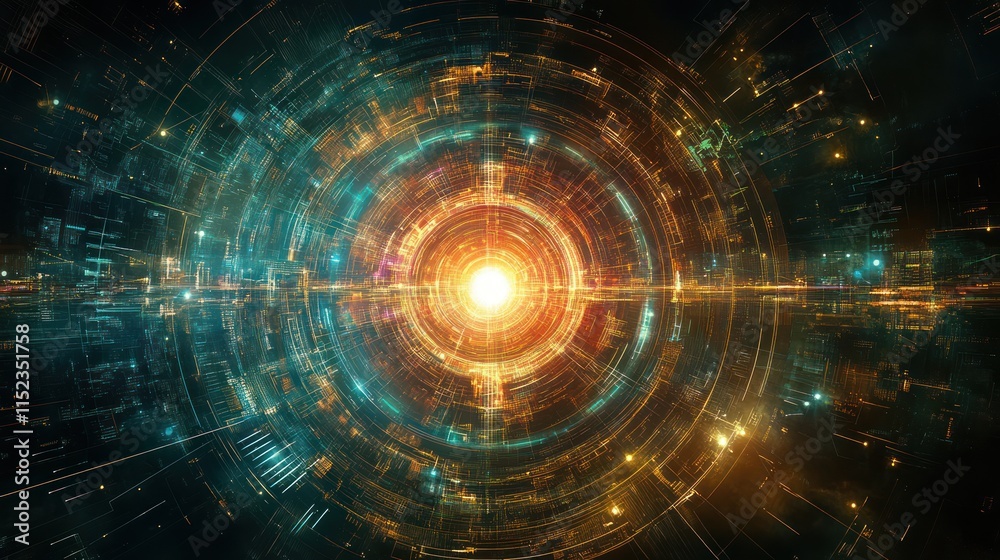 Futuristic glowing circular portal with digital technology elements. Futuristic glowing circular portal with digital technology elements.