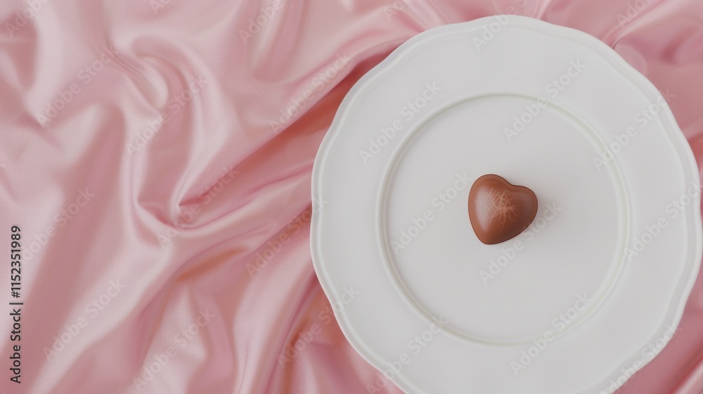 A heart-shaped chocolate truffle sits on a white plate atop soft pink fabric. Banner with copyspace.. Love, romance, hearts, affection,togetherness, Valentine's Day celebration concept. A heart-shaped chocolate truffle sits on a white plate atop soft pink fabric. Banner with copyspace.. Love, romance, hearts, affection,togetherness, Valentine's Day celebration concept.