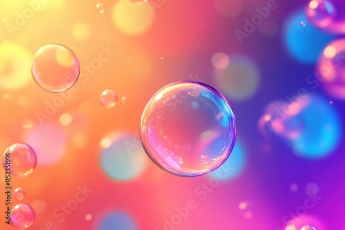 Colorful and Sparkling Soap Bubbles Floating Against a Vibrant Background Blending Shades of Orange, Purple, and Blue in a Magical and Dreamy Atmosphere