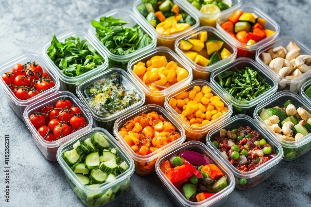 Freshly Prepped Colorful Vegetables and Greens Arranged in Clear Containers on a Textured Surface for Healthy Meal Preparation and Cooking Inspiration Freshly Prepped Colorful Vegetables and Greens Arranged in Clear Containers on a Textured Surface for Healthy Meal Preparation and Cooking Inspiration