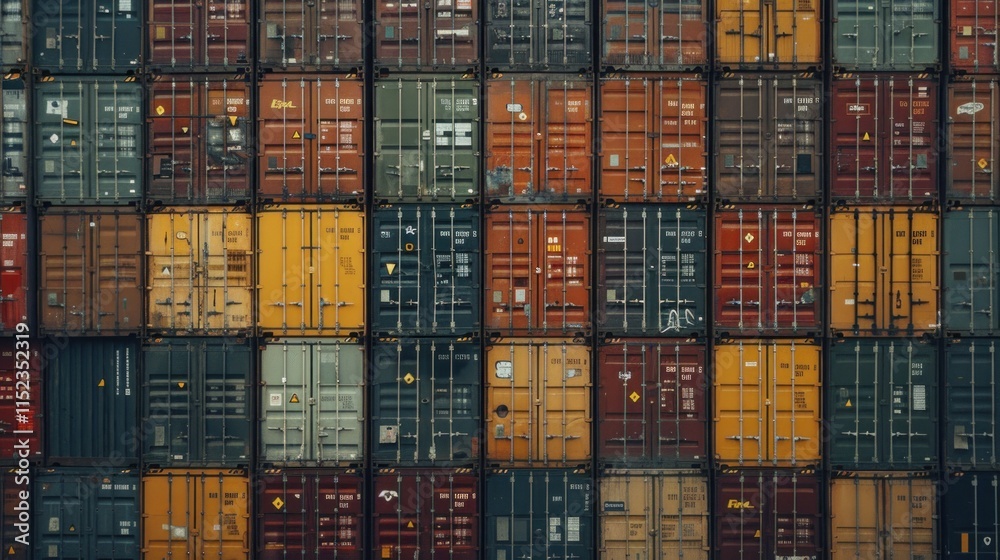 Fototapeta premium Close-up view of multiple stacked shipping containers showcasing vibrant colors and branding