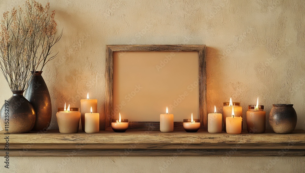 A Japandi-inspired rustic shelf with soft candles modern vases and an empty wooden frame for artwork positioned against a warm