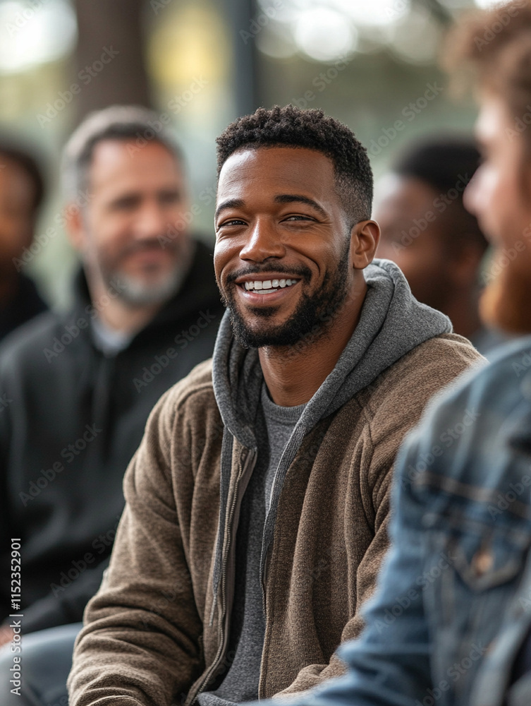Smiling man enjoys conversation with friends outdoors Smiling man enjoys conversation with friends outdoors