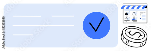 Illustration of an e-commerce transaction featuring a check mark validation, online store front, and a coin. Ideal for online payments, finance, retail, transactions, e-commerce, verification