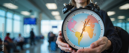 Person holding world map alarm clock, busy airport background, concept of global travel and time management photo