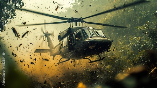 A black helicopter flying over a forest in the midst of a battle. photo