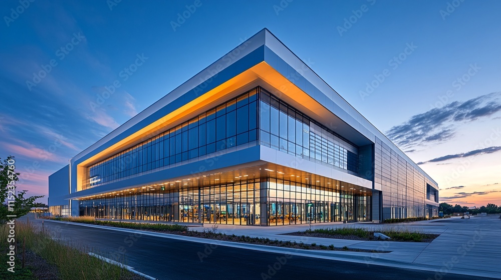 A large building with glass windows and a flat roof is pictured at sunset. A large building with glass windows and a flat roof is pictured at sunset.