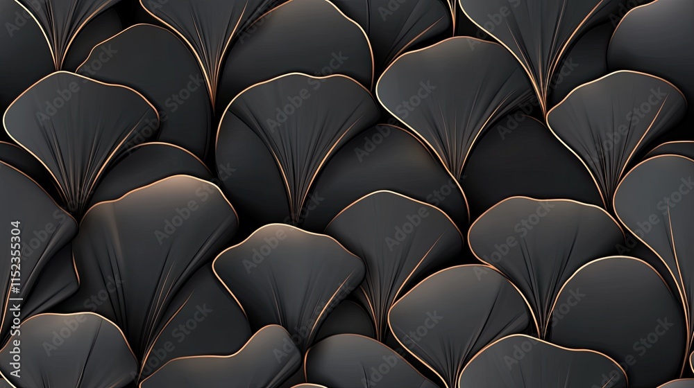 This vibrant design features ginkgo leaves adorned with golden lines and dots, set against a striking black backdrop, creating a luxurious aesthetic SEAMLESS PATTERN This vibrant design features ginkgo leaves adorned with golden lines and dots, set against a striking black backdrop, creating a luxurious aesthetic SEAMLESS PATTERN