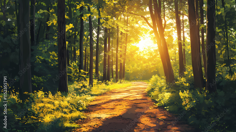 Fototapeta premium Forest path with dappled sunlight, flat design illustration. Dappled. Illustration