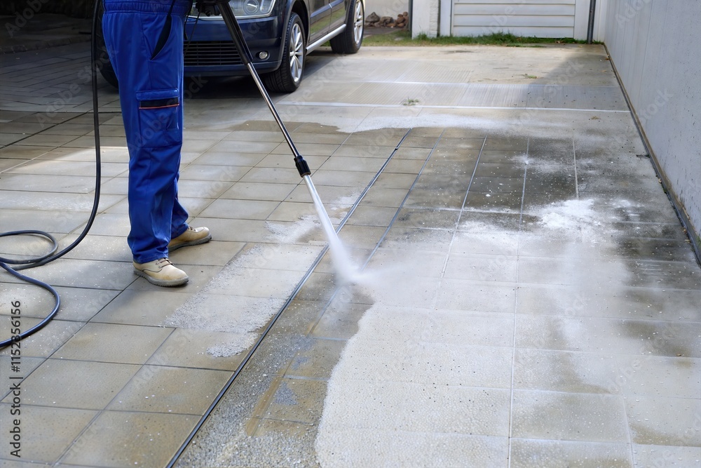 Fototapeta premium Powerful Driveway Cleaning with Pressure Washer – Home Maintenance