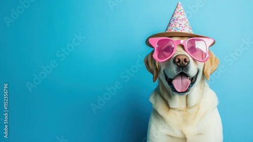 Labrador retriever wearing pink sunglasses and a festive party hat, smiling with tongue out against a bright blue background, exuding playful and cheerful birthday vibes