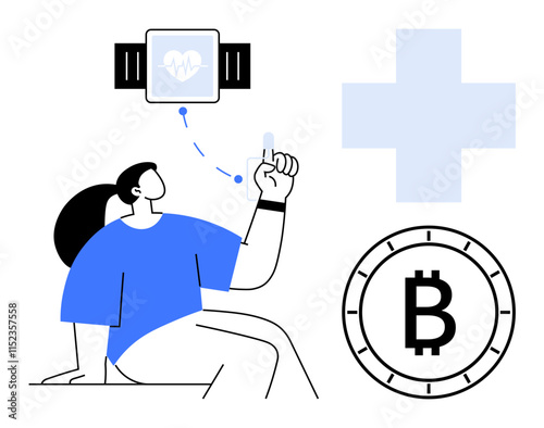 Woman interacting with smartwatch displaying heart data, large Bitcoin symbol, healthcare cross. Ideal for technology, healthcare, finance, cryptocurrency, digital health, modern medicine, wearable