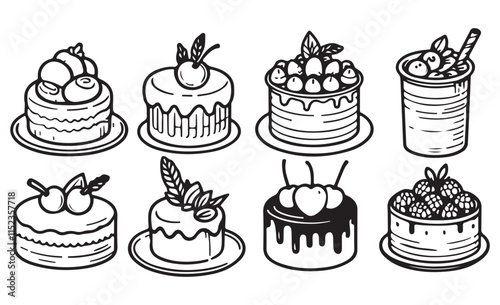 Engraved style, birthday cake set with cream and berries for web, menu, posters, decoration. Hand drawn sketches of monochrome isolated on white background. Detailed vintage style