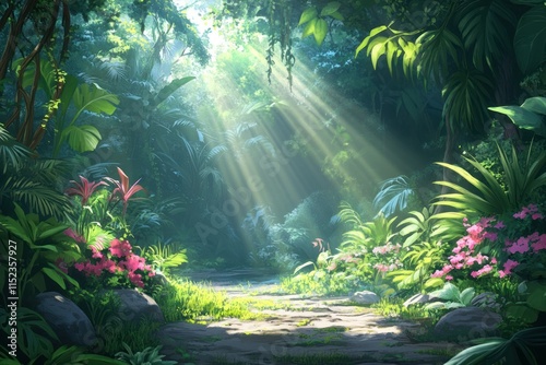 Serene Sunlit Jungle Pathway Surrounded by Lush Greenery and Vibrant Flowers in a Tranquil Natural Environment Highlighting the Beauty of Wilderness
