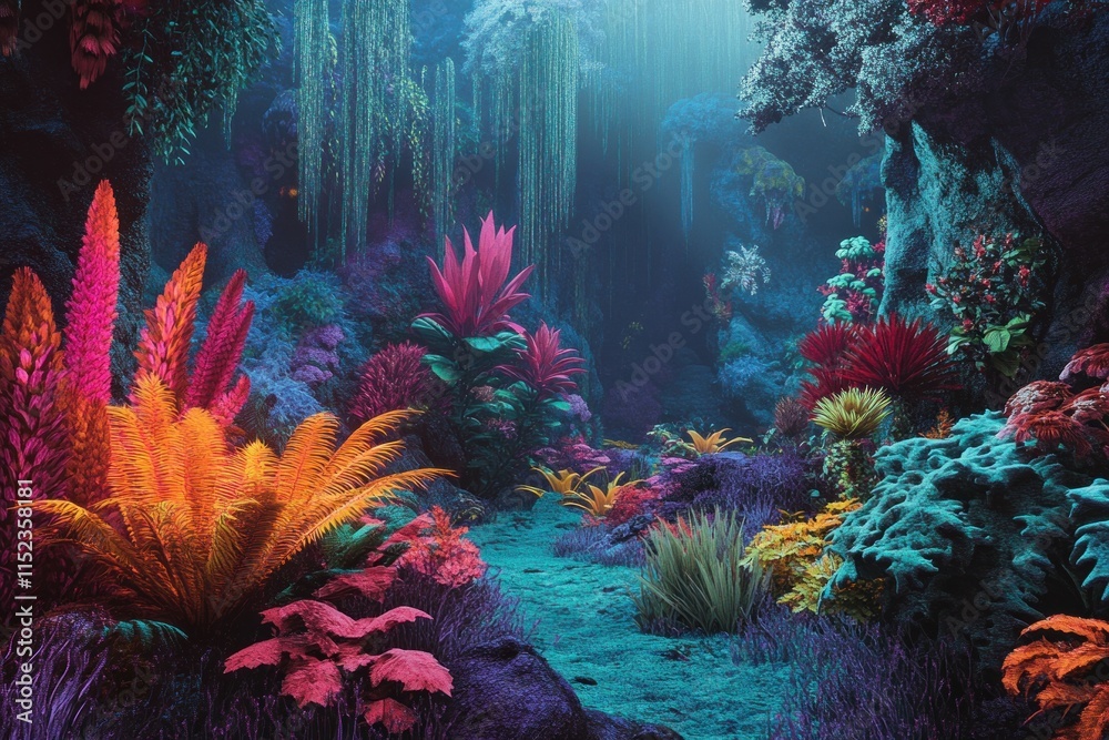 Vibrant and Colorful Fantasy Landscape with Lush Foliage and Exotic Plants in a Surreal Underwater Setting Ideal for Imaginative Visual Journeys and Nature-Inspired Projects